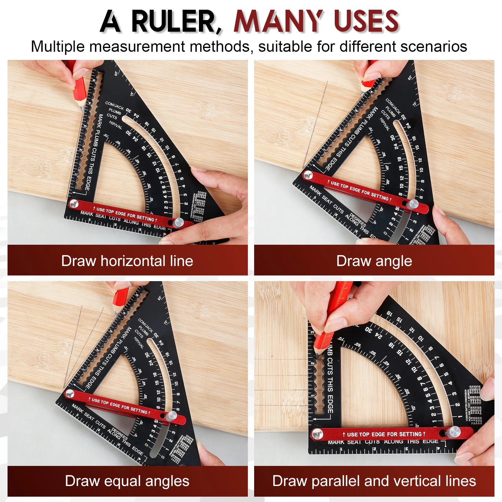 7'' Woodworking Triangle Ruler Aluminum Alloy Rafter Square Adjustable Triangle Ruler with Pencil for Measuring Woodworking Tool