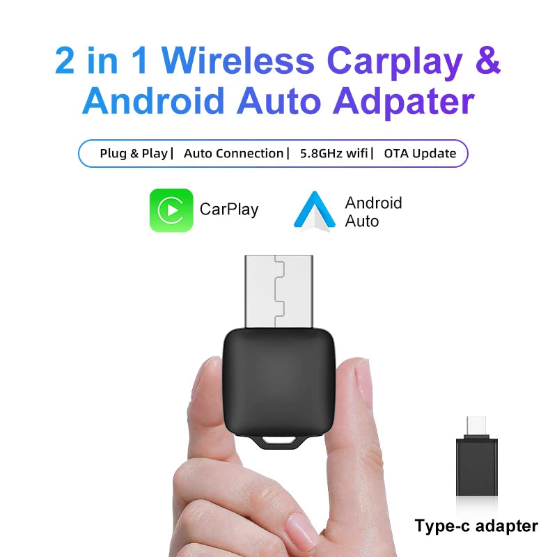 CarPlay Android Auto Adapter Wired To Wireless 5GHz WiFi5.0 type-c Plug and Play, for Original Wired CarPlay/Auto Cars