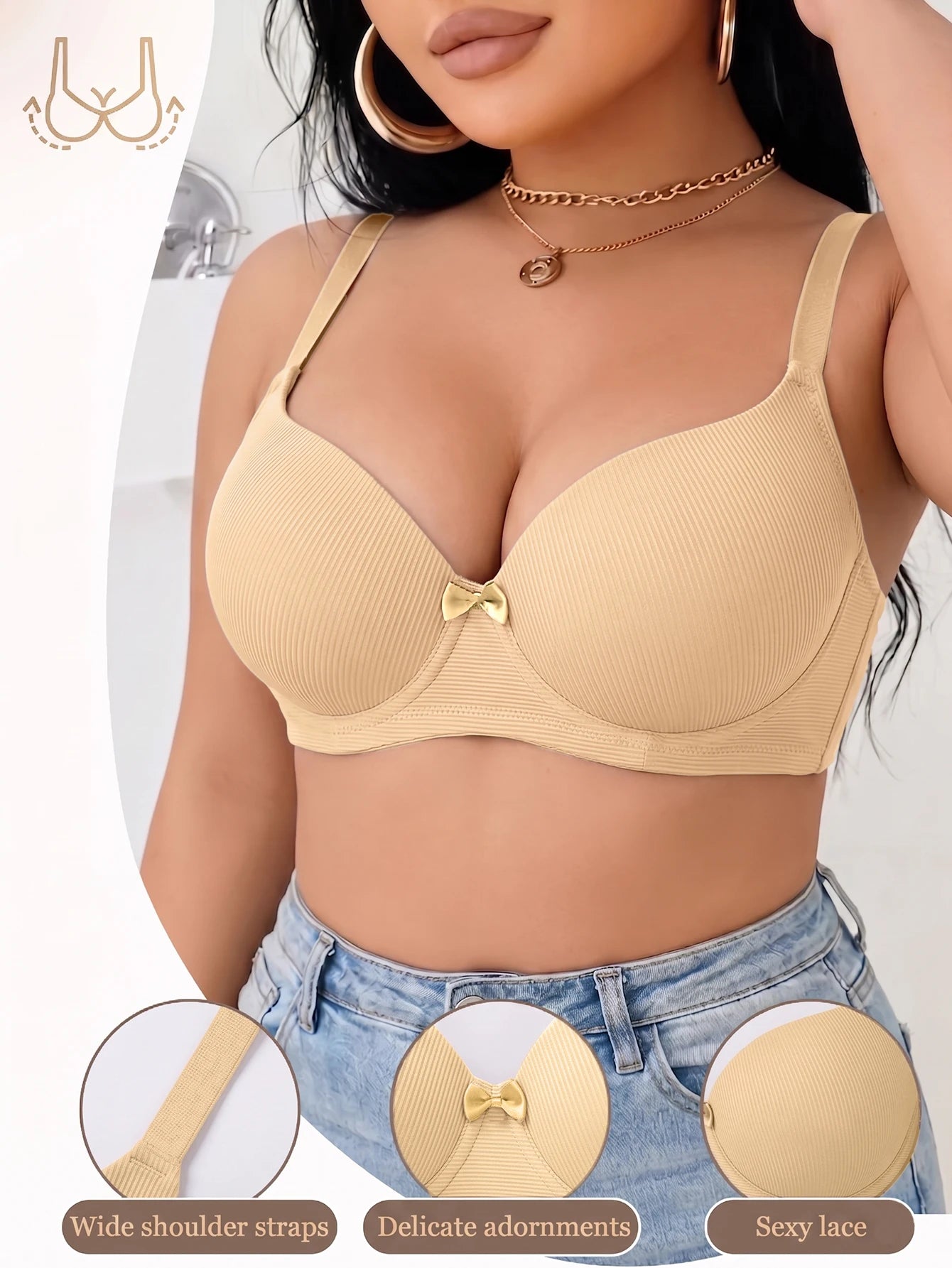 Full Coverage Women Plus Size Bra Ribbed Underwire Push Up Bra Thin Cup Minimizer Solid Basic Skin-Friendly Comfortable Bra