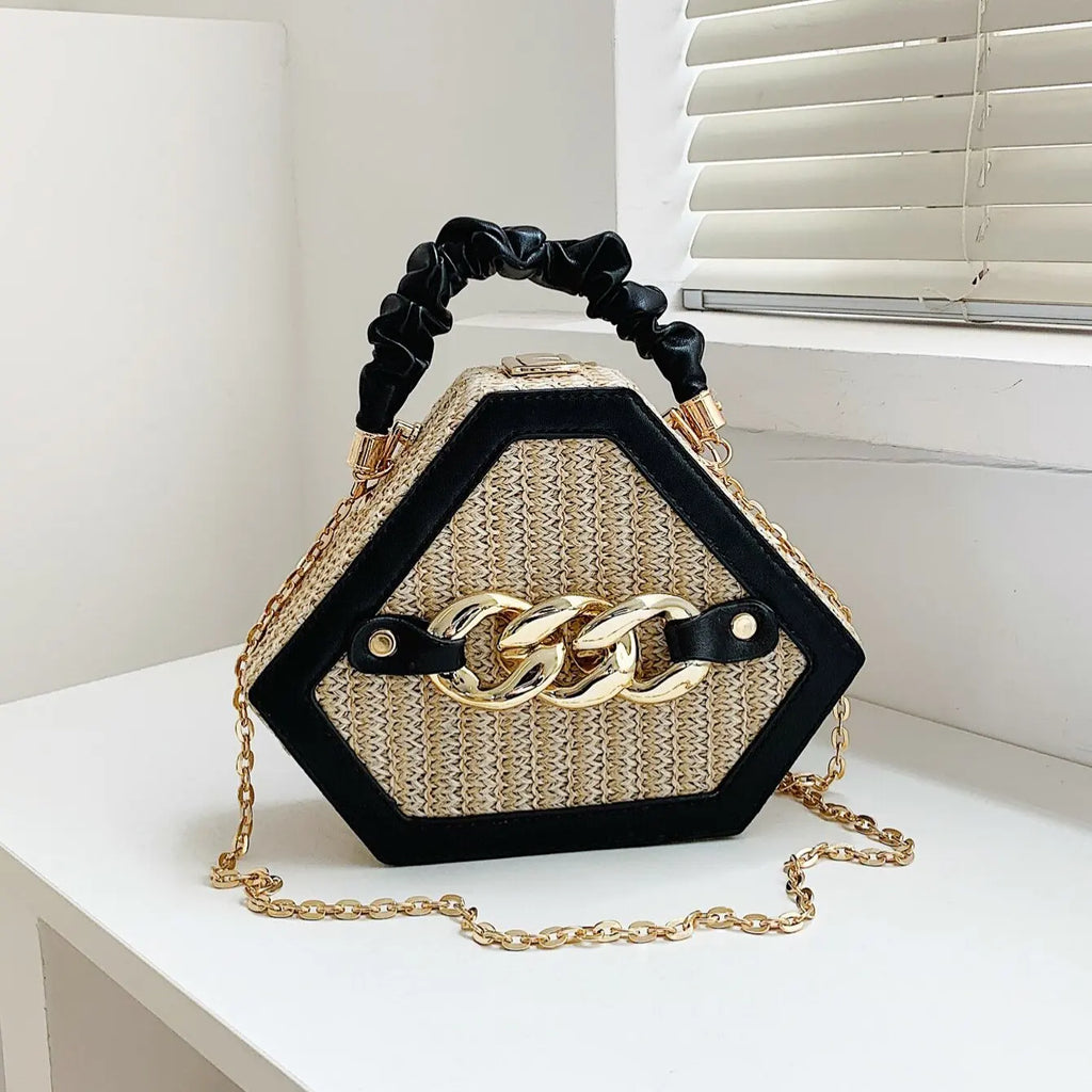 Patchwork Straw Carry-on Women's Bag Fashion Chain Diagonal Bag Summer Texture Chain Bag Woven Carry-on Box Bag