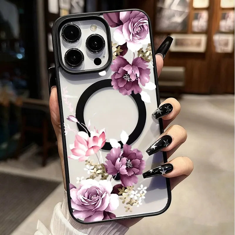 For iPhone 17 16 15 14 12 11 Pro XS Max Air 16e 17e Purple Floral MagSafe Clear Shockproof Magnetic Wireless Charge Phone Case