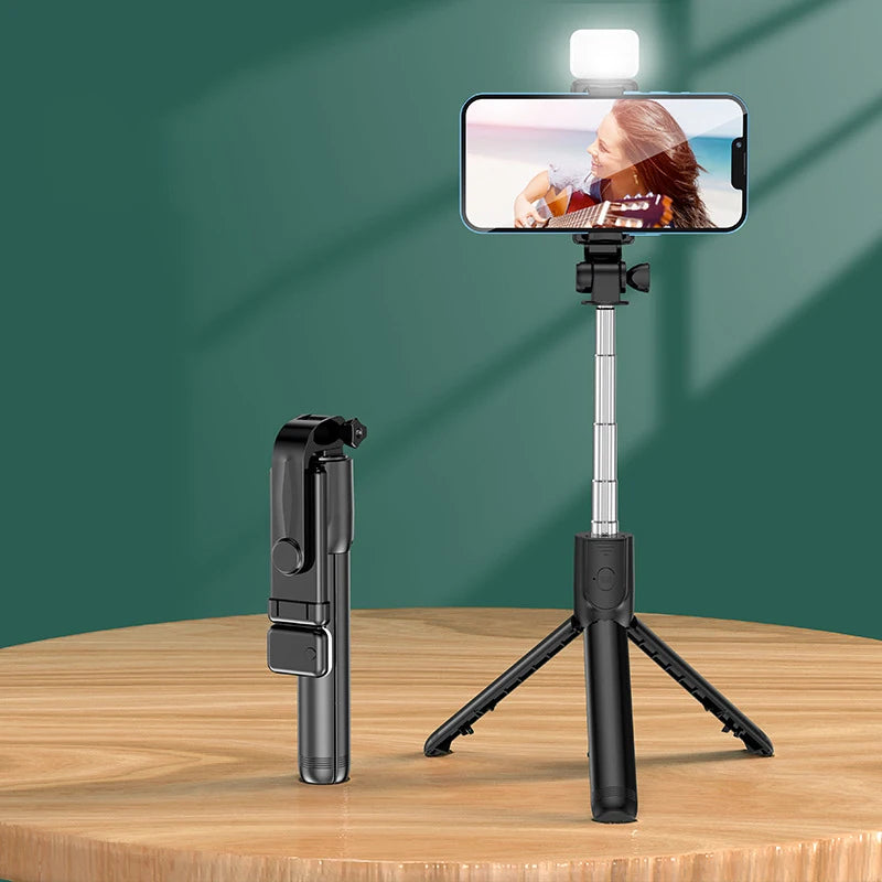 All In One Portable Tripod for iphone Selfie Stick With Fill Light Extendable Phone Stand for Live streaming BT Remote Control