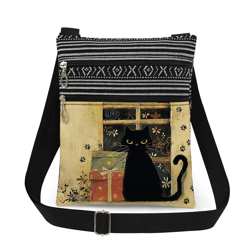 Cute Cartoon Black Cat Print Crossbody Bags Shoulder Bags For Women Daily Travel Portable Small Messenger Bags Catkeeper Gift