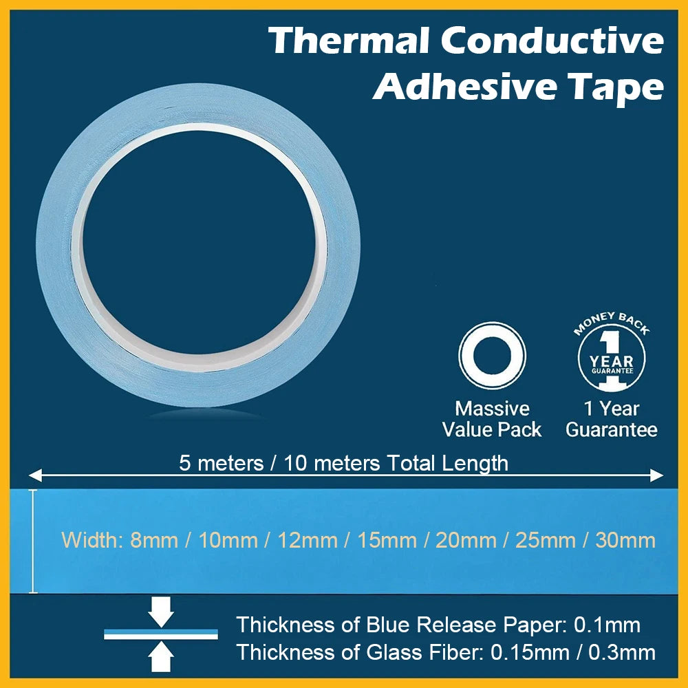 5m 10m Double Side Thermal Conductive Tape 8-30mm Width Blue Heat Transfer Tape Adhesive Cooling Heatsink for Computer CPU GPU