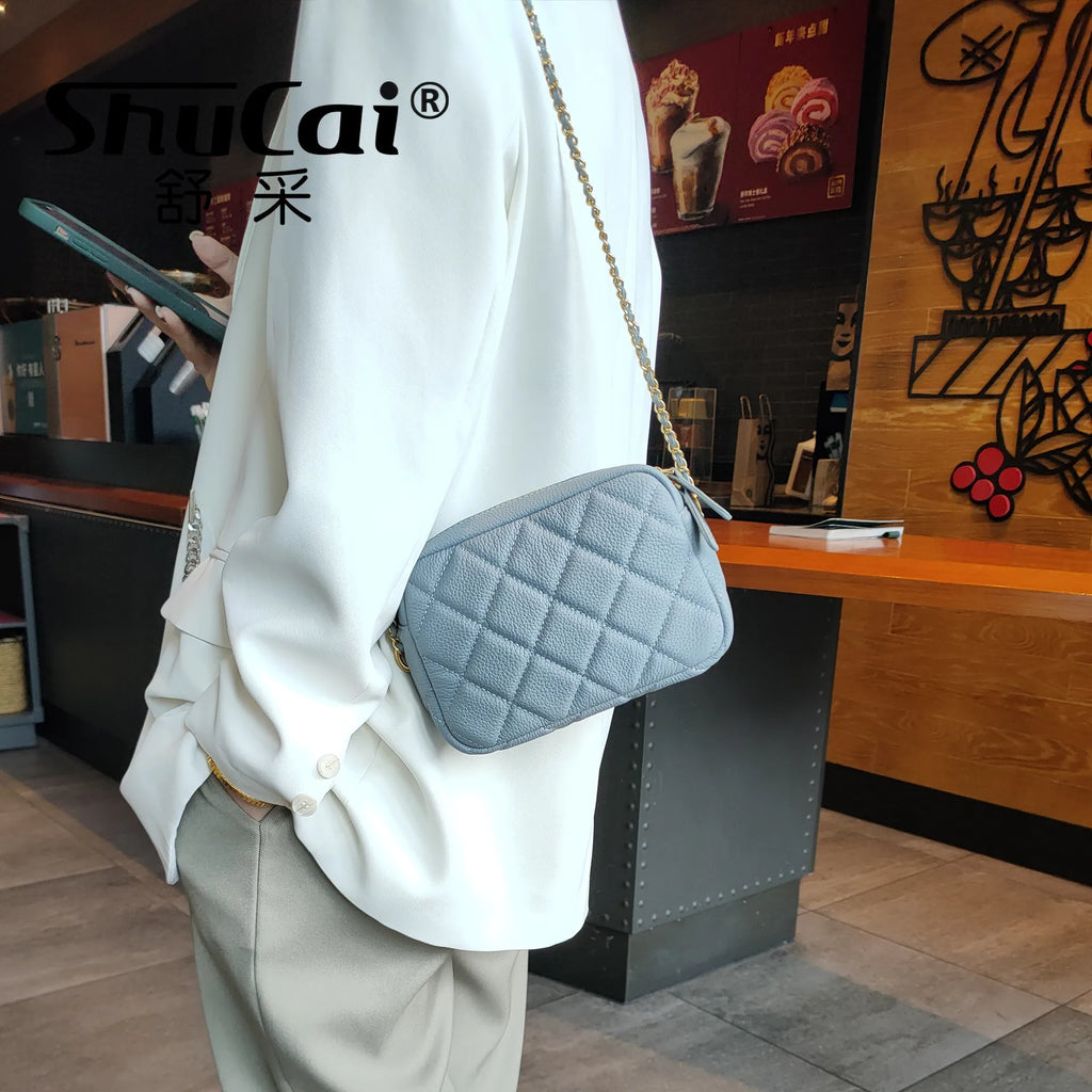 Genuine Grade Leather Women's Fashion Chain Bag Luxury Designer Brand Cowhide Ladies Shoulder Cross Bag Female Samll Square Bag