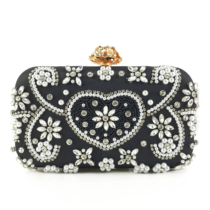2025 Satin Vintage Women Party Evening Bags Metal Flower Luxury Diamonds Clutch Rhinestones Handbags Chain Shoulder Bag