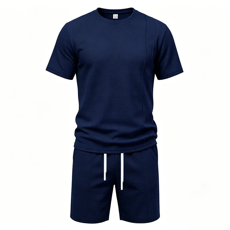 2026 New Men Waffle Knit 2 Piece Outfit Round Neck Short Sleeve Tee Drawstring Shorts Summer Casual Matching Set