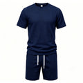 2026 New Men Waffle Knit 2 Piece Outfit Round Neck Short Sleeve Tee Drawstring Shorts Summer Casual Matching Set