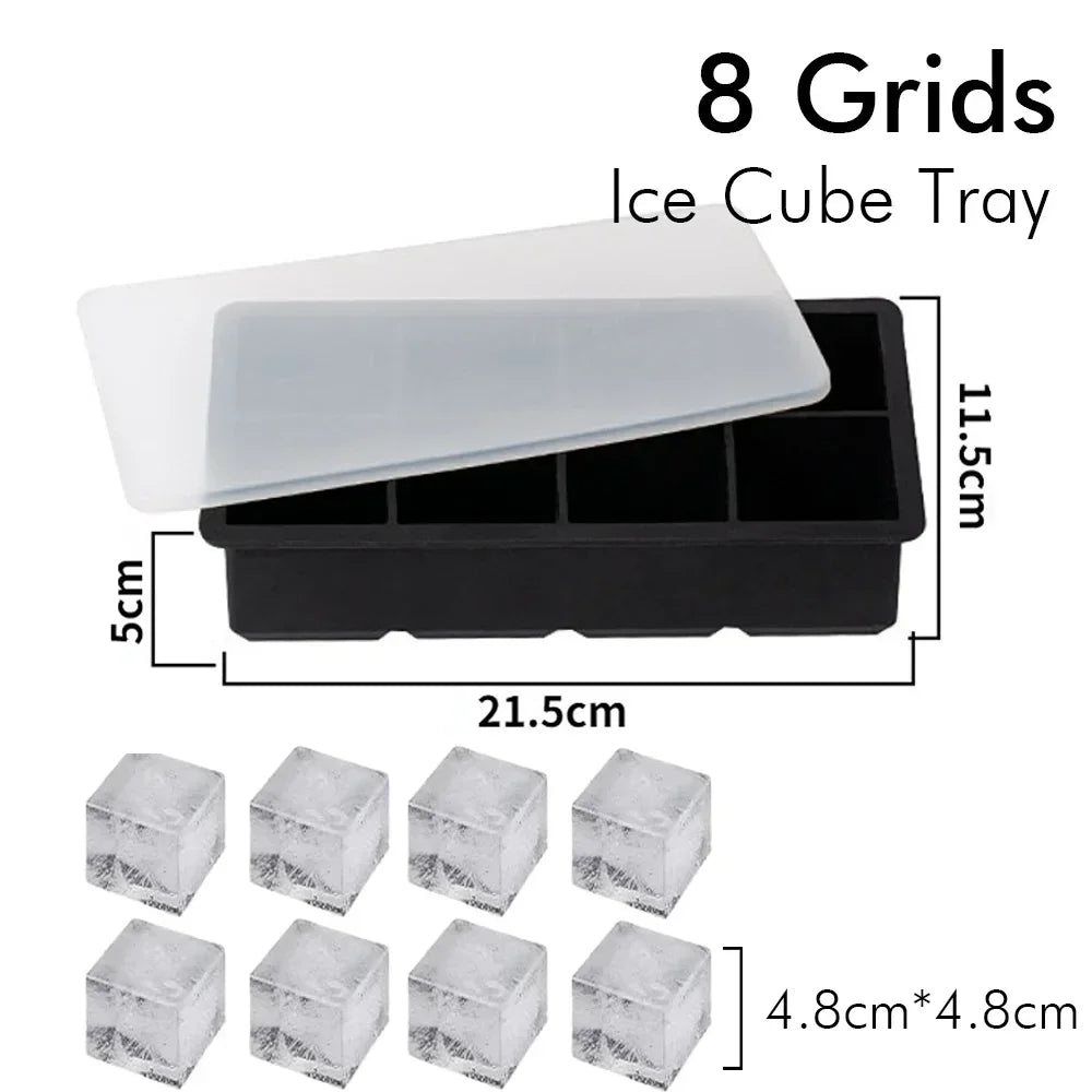 Ice Cube Tray Silicone Ice Ball Freezer Mold Square Ice Cube Maker with Lid 4/6/8 Grids for Whiskey Cocktail Coffee Accessories