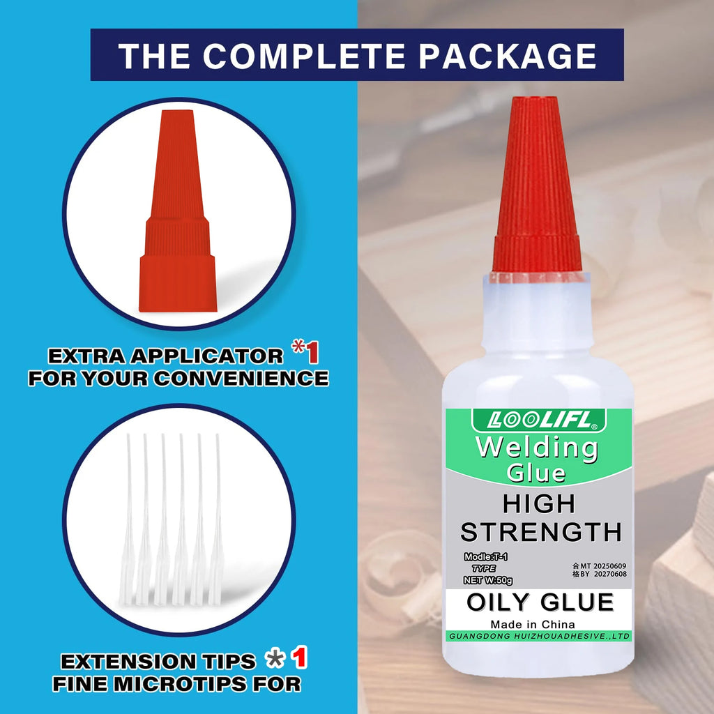 LOOLIFL 50g High Strength Oil-based Glue for Welding, Oil-based Super Glue, High Quality CA Glue - Universal Instant Adhesive for Resin Ceramics Metal Glass Wood, Complimentary Precision Dispenser.