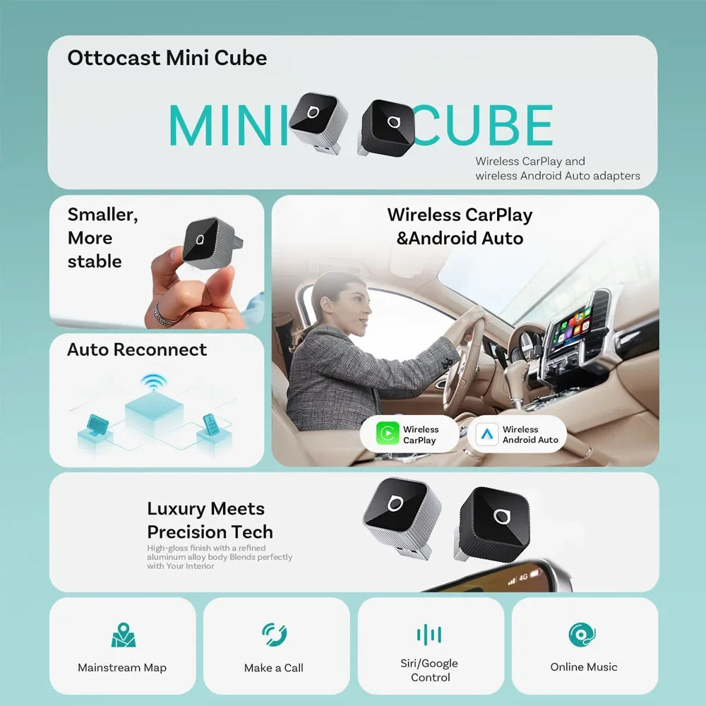 Ottocast Mini Slim Wireless Adapter Wireless CarPlay Android Auto For OEM Car Plug and Play WiFi Bluetooth Auto Connection