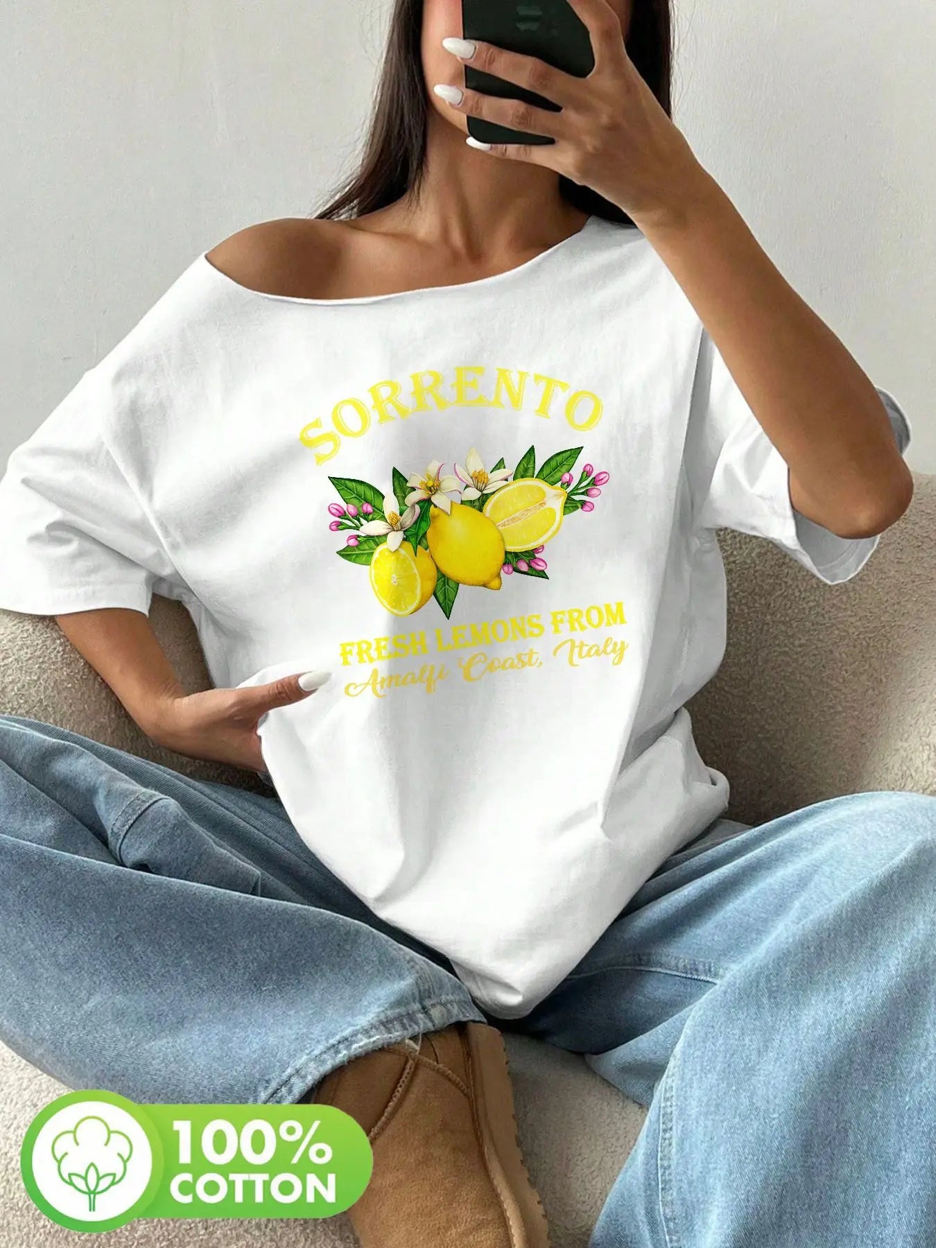 Plus Size 100% Cotton Shoulder Loose Print T-Shirt Oversized Y2K Style Graphic Tees Women Tops Summer Off The Shoulder Top