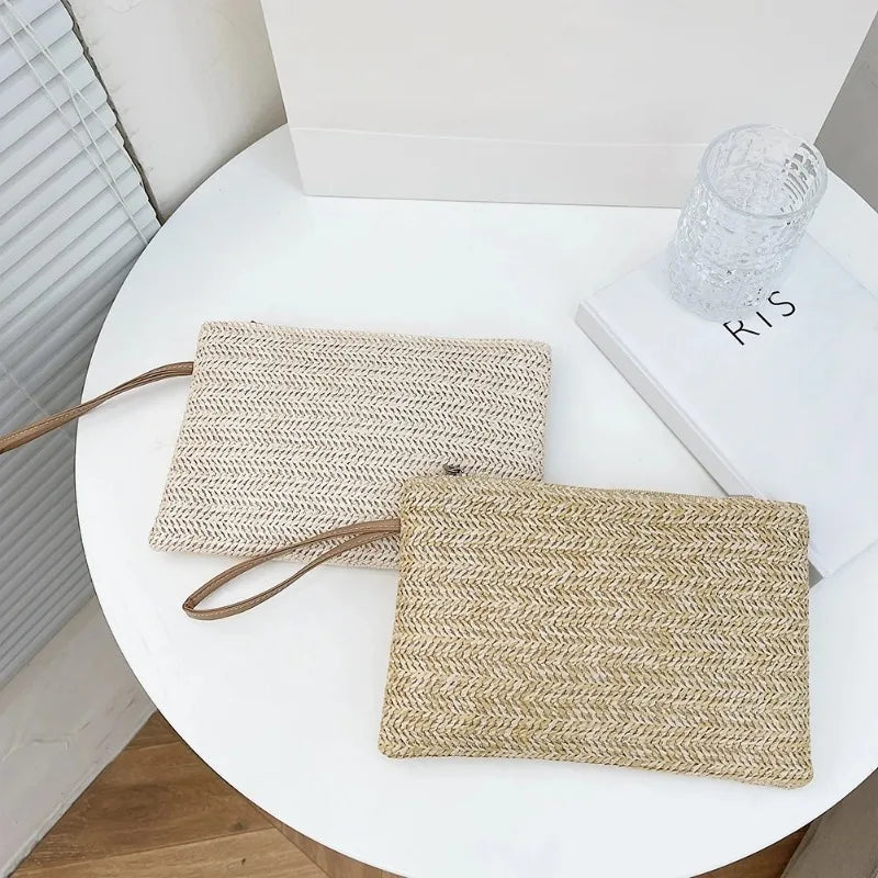 Elegant Boho Straw Clutch Bag, Solid Color Woven Beach Purse, Portable Summer Handbag for Women Vacation & Daily Matching