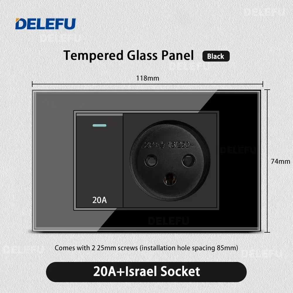 DELEFU Black Tempered Glass Israel USB Type C Fast Charging Wall Socket Light Tuya Wifi Smart Switch Sat TV Tel Doorbell Curtain