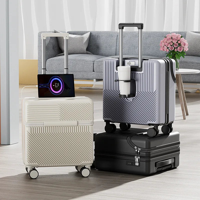 18 inch Front Opening Travel Suitcase Trolley Luggage Password Case Cabin Boarding Suitcase With USB Charging Port Cup Holder