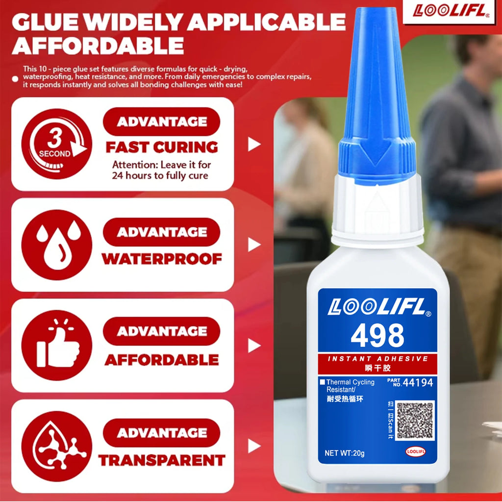 LOOLIFL 498 20ml Super Glue Liquid Clear Cyanoacrylate Adhesive Instant Glue Quick Dry for Plastic Wood Metal Crafts Repair Tool