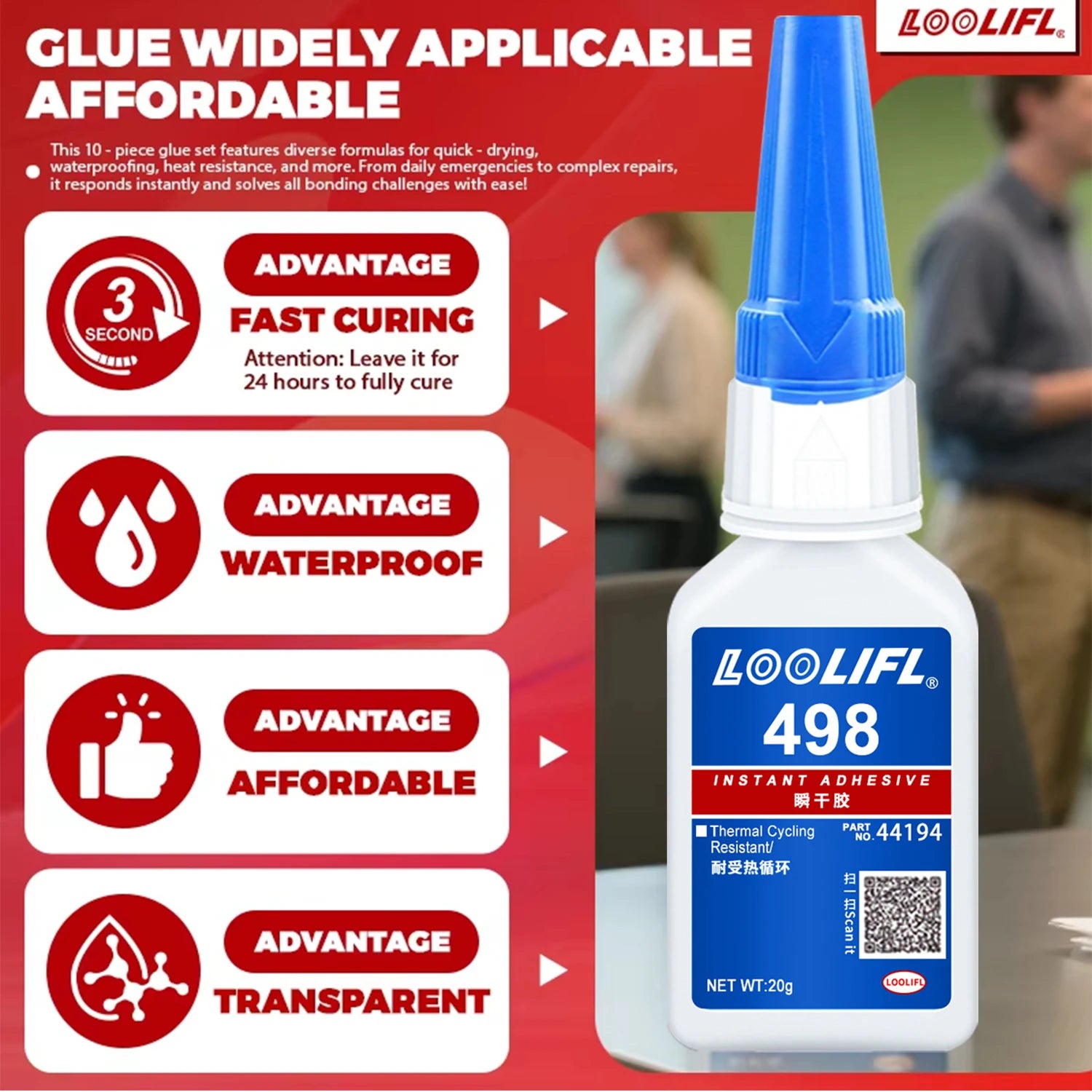 LOOLIFL 498 20ml Super Glue Liquid Clear Cyanoacrylate Adhesive Instant Glue Quick Dry for Plastic Wood Metal Crafts Repair Tool