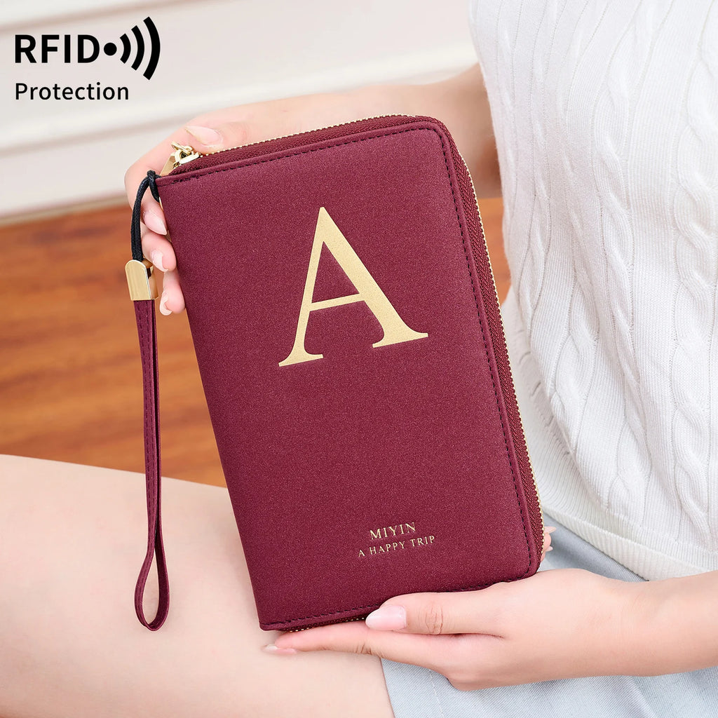 Multi-Functional RFID Blocking Passport Bag Travel Document Holder with Long Zipper Ticket Storage Wallet for Multiple Passports