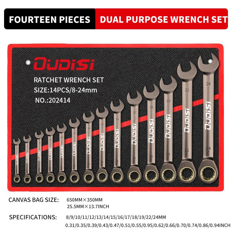 Versatile 6-14pc Carbon Steel Ratchet Wrench Set with Multi-Angle Head, Quick Precision 72-Tooth Mechanism, 180° Swing