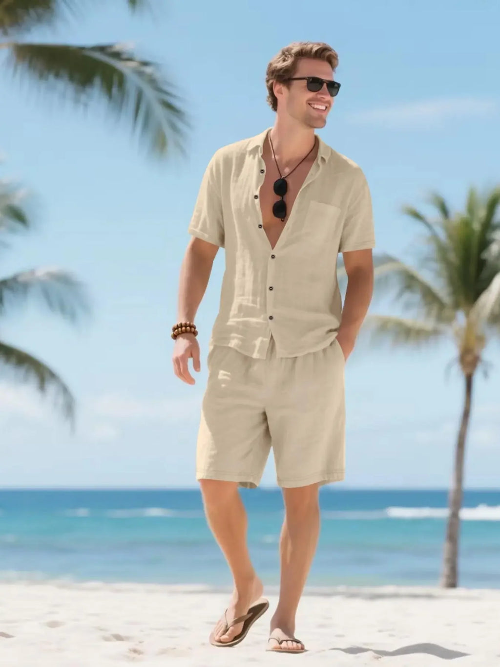 Men's Classic Solid Color Linen Breathable Shirt & Shorts Set, Regular Fit Casual Short Sleeve Button Down Top & Shorts, Men's