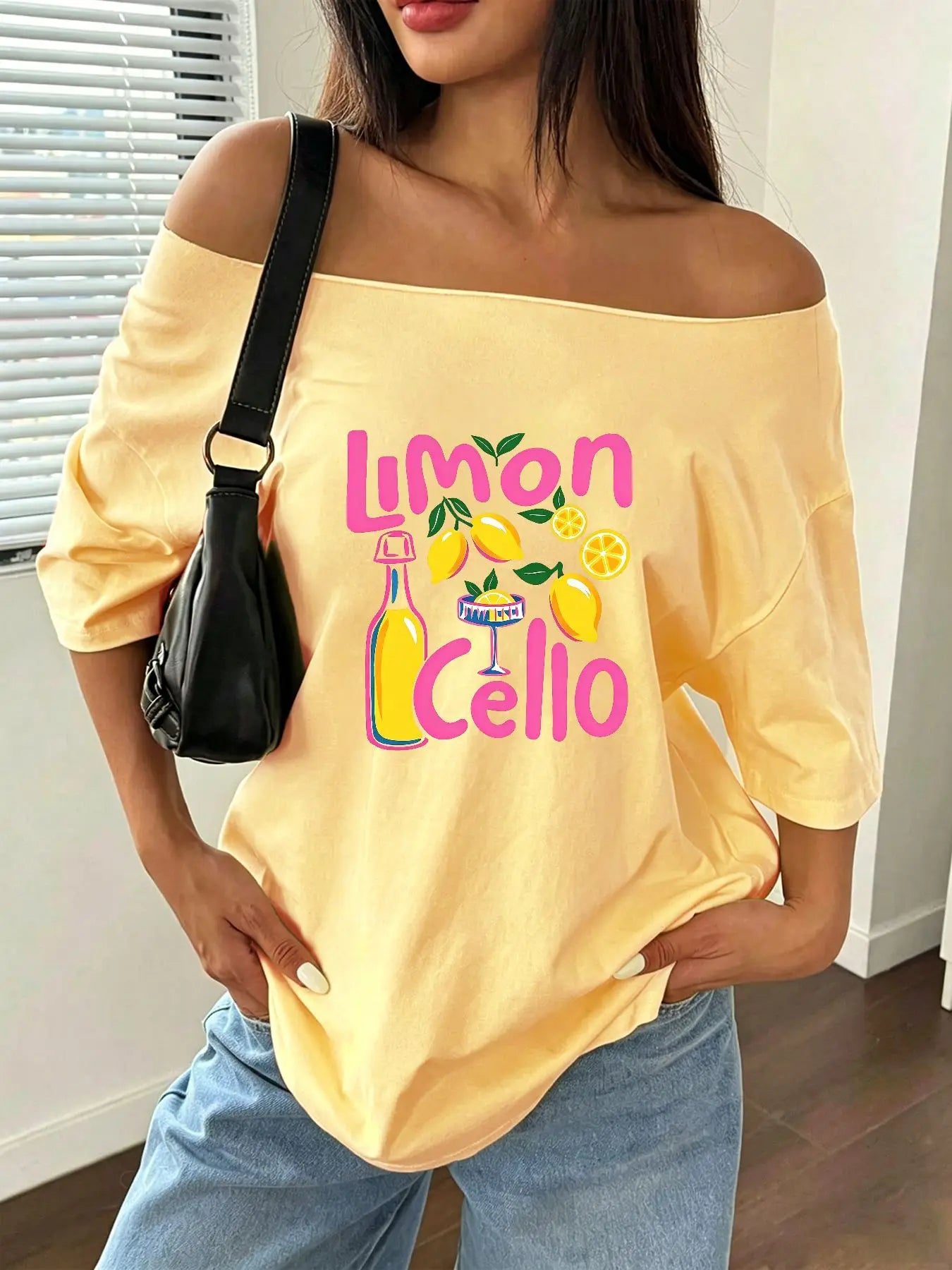 100% Cotton Plus Size Lemon Cello Cocktail Print Shoulder Loose Print T-Shirt Oversized Y2K Style Graphic Tees Women Tops Sum