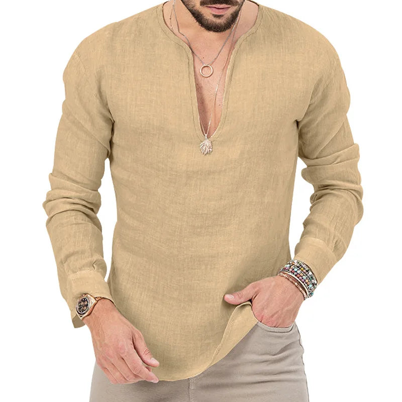 2026 Henry Linen Long Sleeve T-Shirt Men's Slim Fit Solid Color European and American Large Size Deep V-Neck Top Men