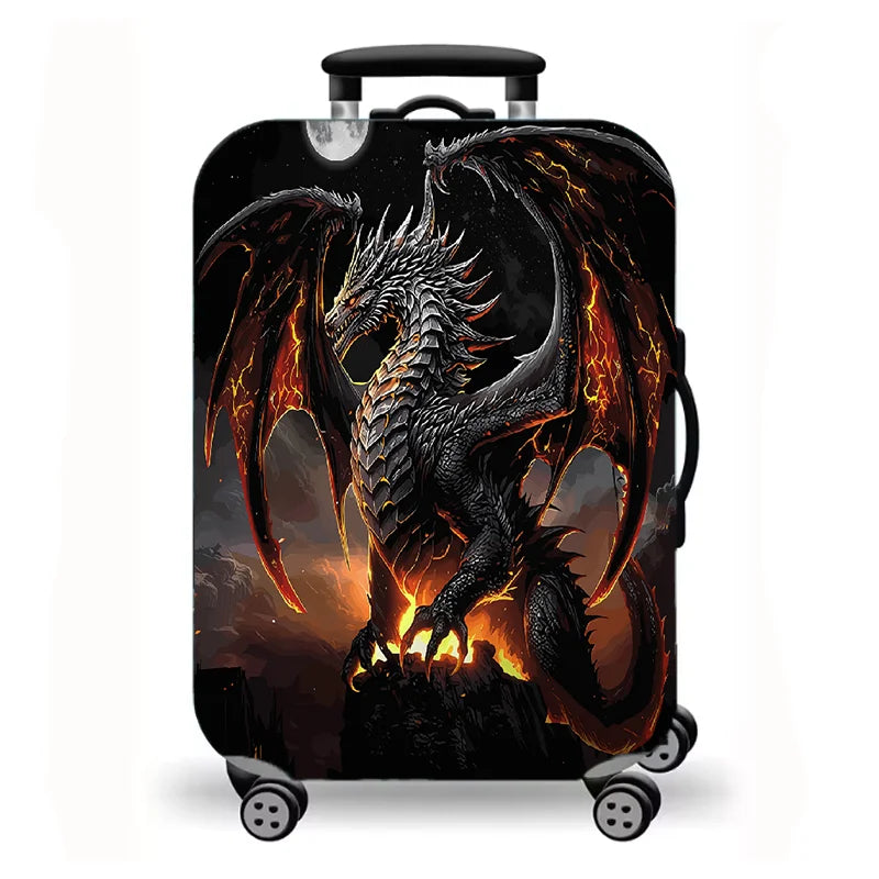 Luggage Cover, Fantasy Dragon Dinosaur Print Stretch Suitcase Protector, Medieval Castle Mythical Creature Travel Design
