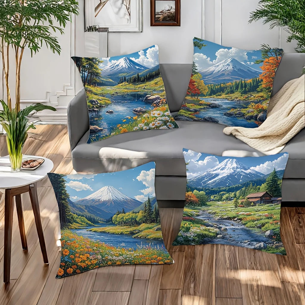 4-piece pillowcase set, nature theme featuring patterns of rivers, flowers, trees, and mountains, insert not included