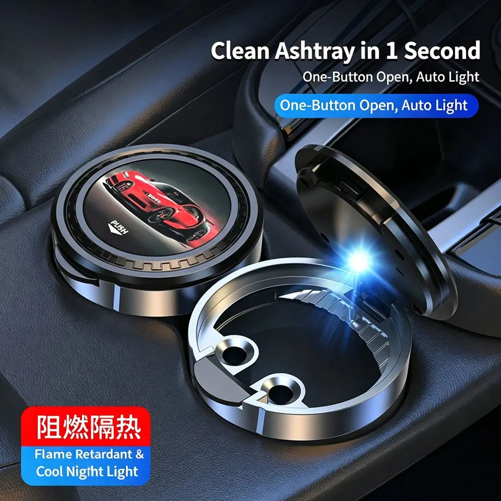 Car accessories - Car ashtray with lid, multi-functional, LED lighting, vehicle portable, one-key opening, personalized