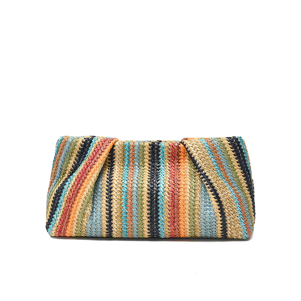 Colorful Striped Woven Clutch Bag for Ladies Summer Beach Vacation Casual Rectangle Handbags Versatile All-Match Phone Bags