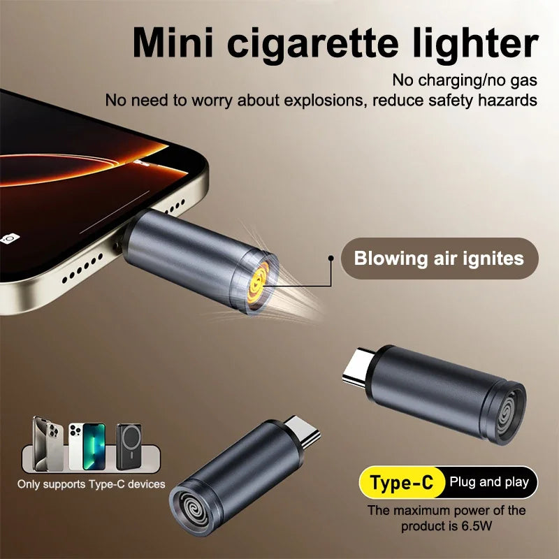 Type C Mini Lighter Blow-to-Ignite Auto Shut-Off For Air Travel Outdoor No Battery No Flame Portable Safety Lighter Adapter