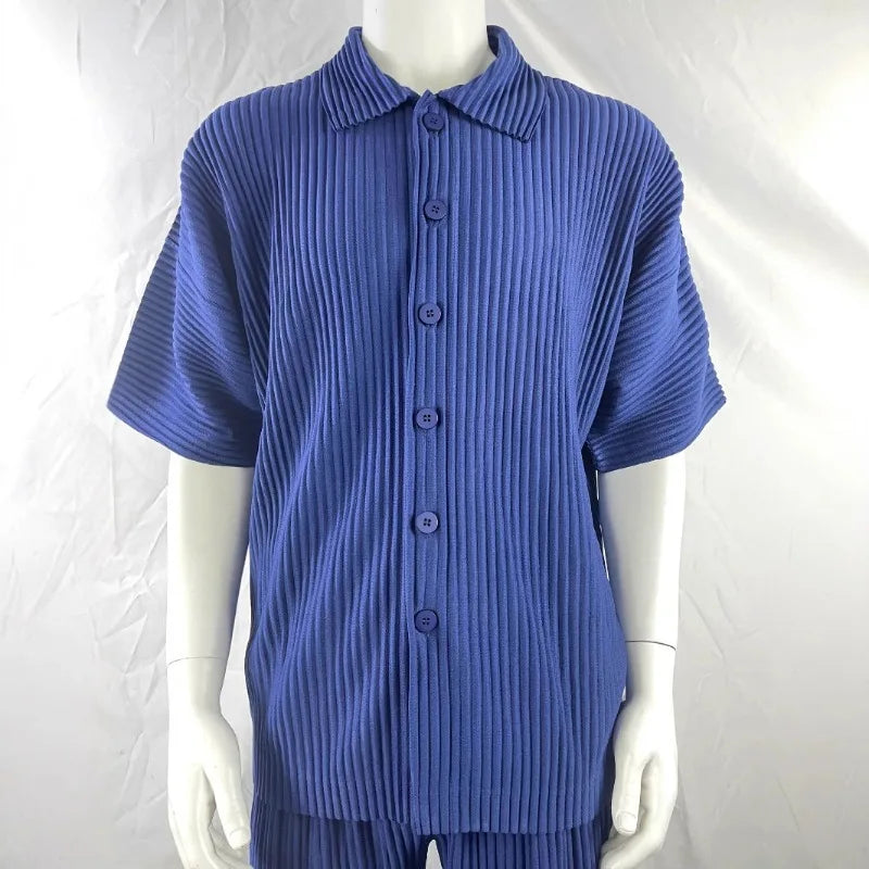 Miyake Pleated Short Sleeve Shirt Men's 2026 Classic Pleats Top Short Sleeve Summer Loose Plisse Jacket Loose Plus Size Fold Top