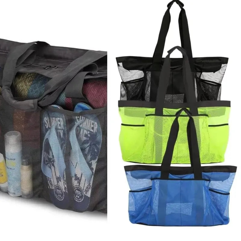 1pcs  Extra Large Beach Bag - Lightweight, waterproof, foldable, with mesh straps, zippered pockets and fixed shoulder straps