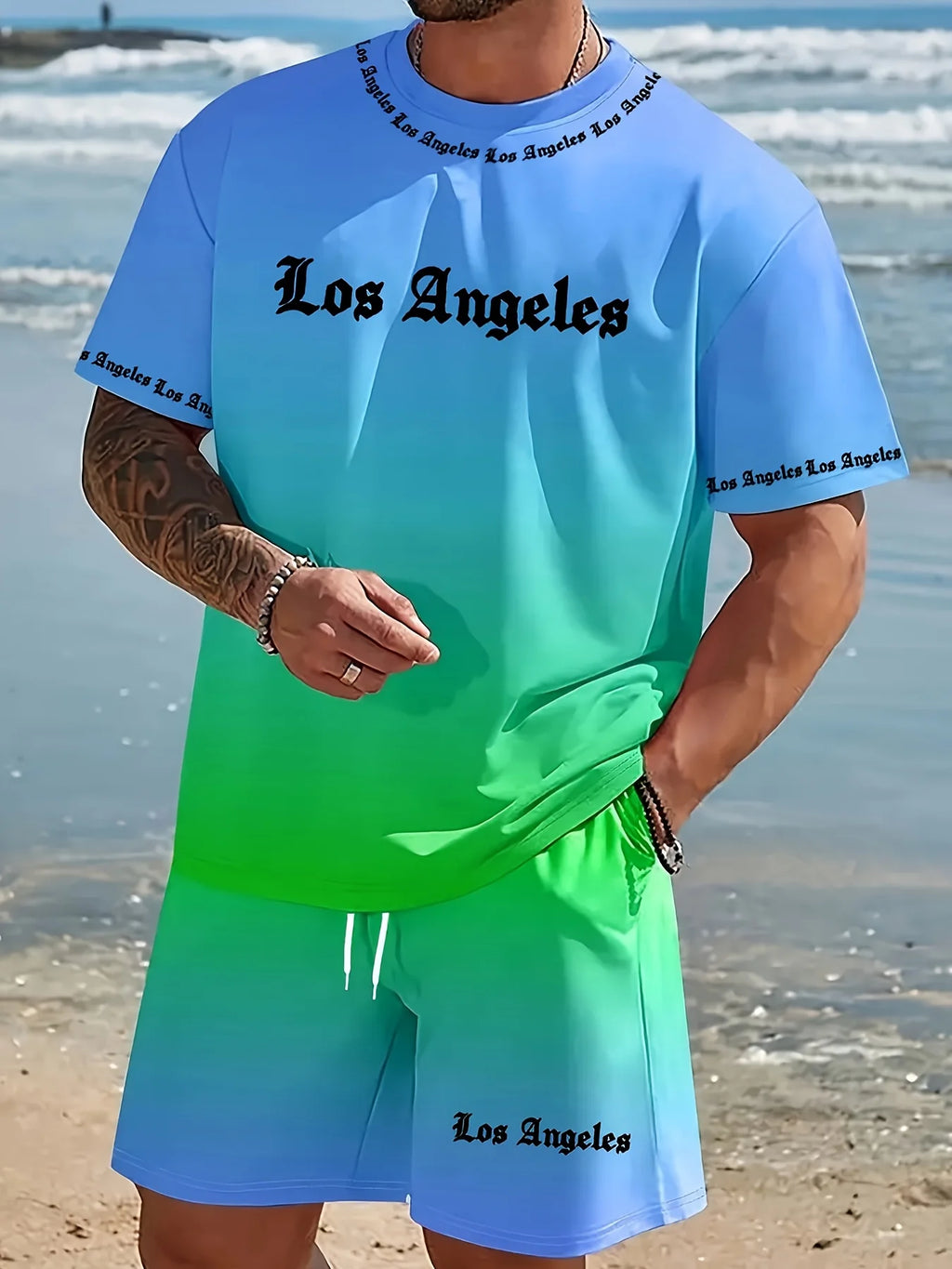 Men's Two-Piece Gradient Sports Outfit, Crew Neck Short-Sleeve T-Shirt + Shorts, Casual Outdoor Streetwear for Summer