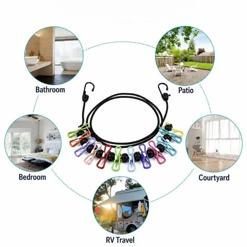 Portable Retractable Travel Clothesline with 12 Clips, Indoor Outdoor Laundry Drying Rope, Camping Accessories