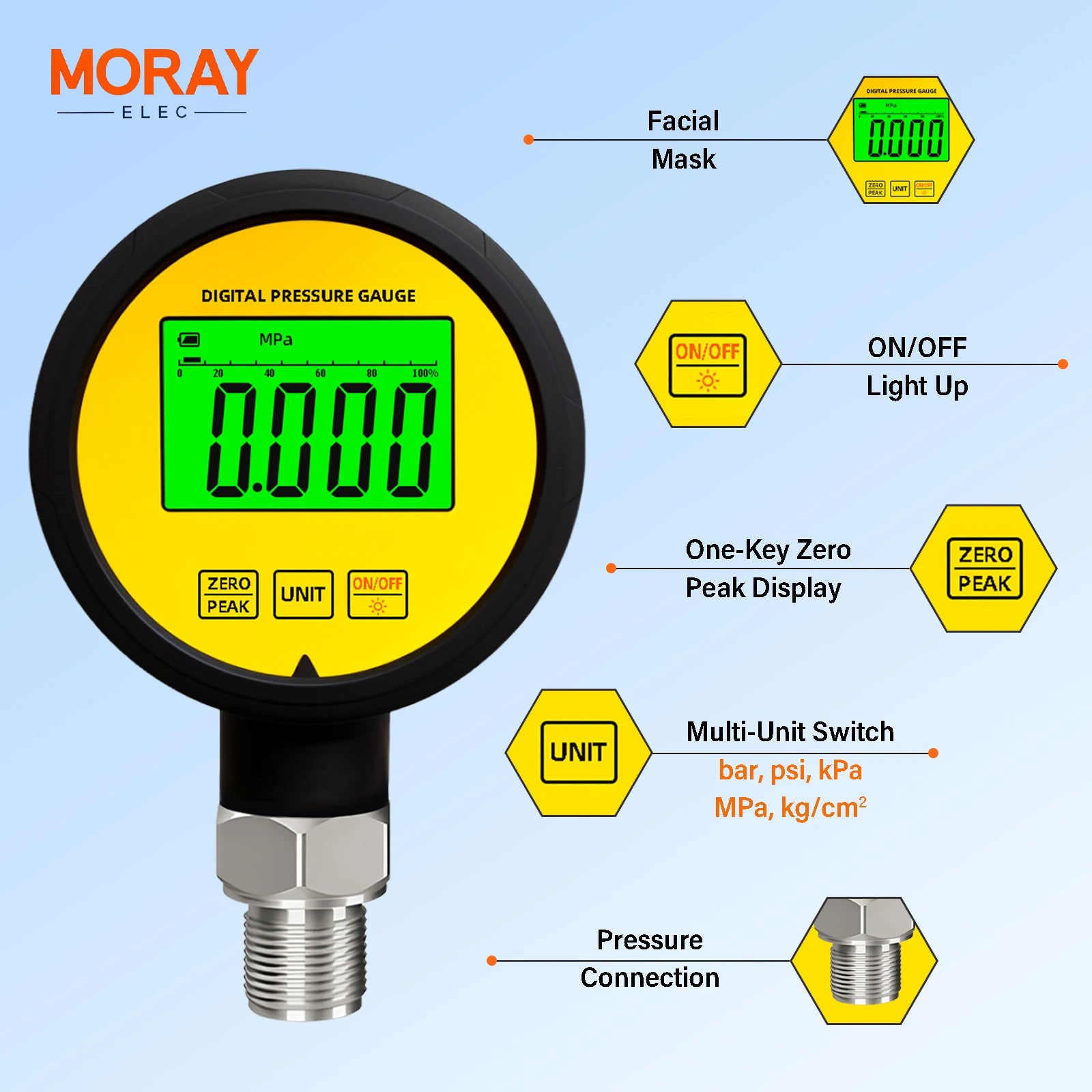 Moray ME260P  LCD Accuracy  Rubber Protector Waterproof 1%FS Stainless Steel Digital Pressure Gauge Gas Differential Manometer
