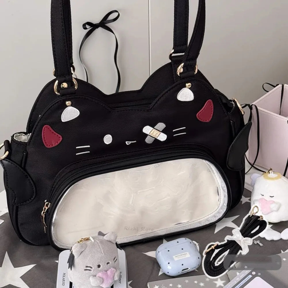 Zipper Bag Kawaii Cat Itabag Cotton  Bag PU Transparent Pocket Badge Storage Bag Small Item Bag Fashion Backpacks Outdoor