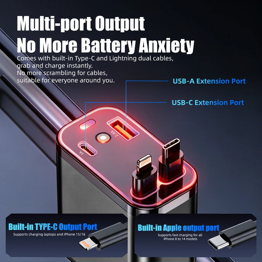 4in1 Retractable Car Charger with Red Roof Starlight USB Cable Fast Charger Cigarette Lighter Adapter For iPhone Huawei Samsung