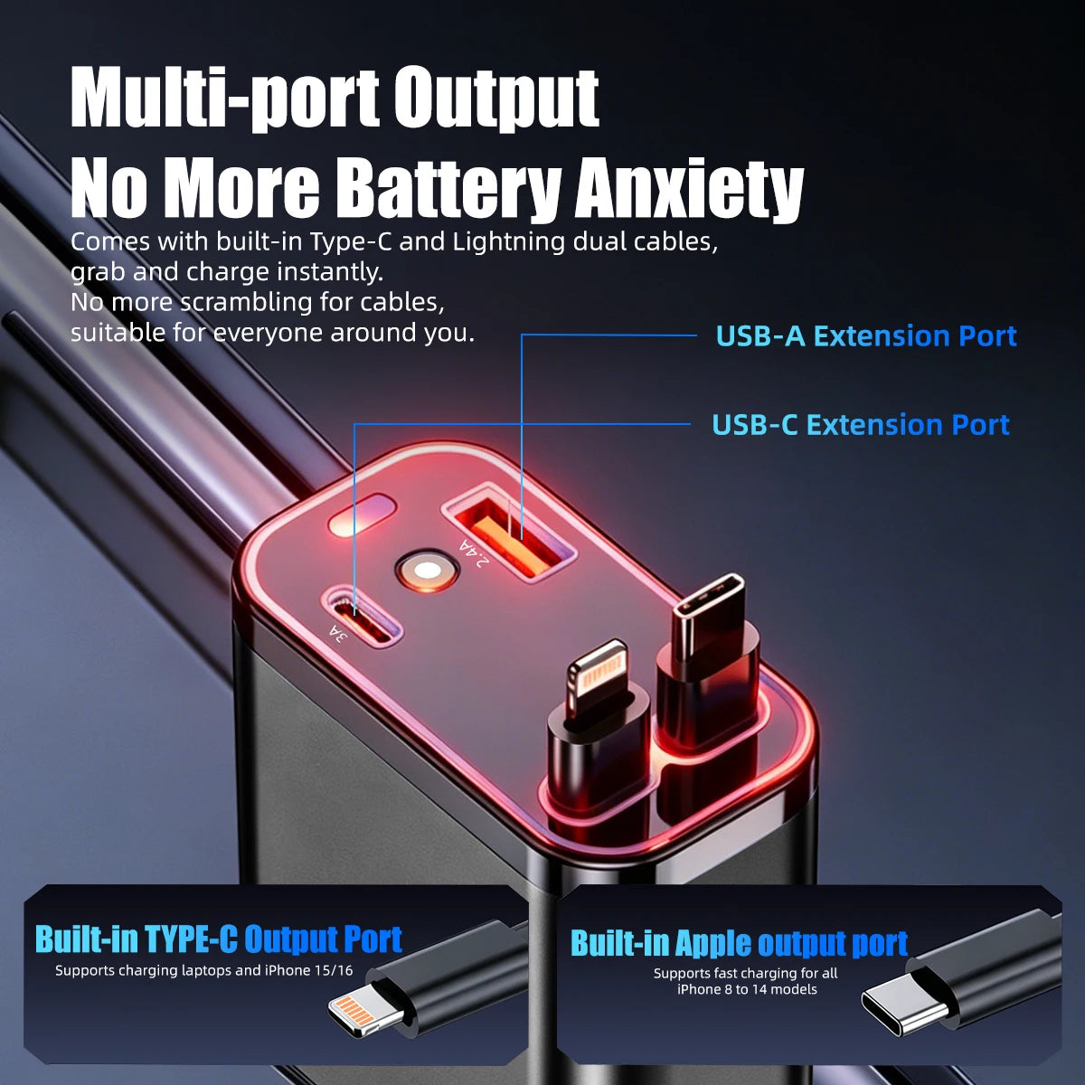 4in1 Retractable Car Charger with Red Roof Starlight USB Cable Fast Charger Cigarette Lighter Adapter For iPhone Huawei Samsung