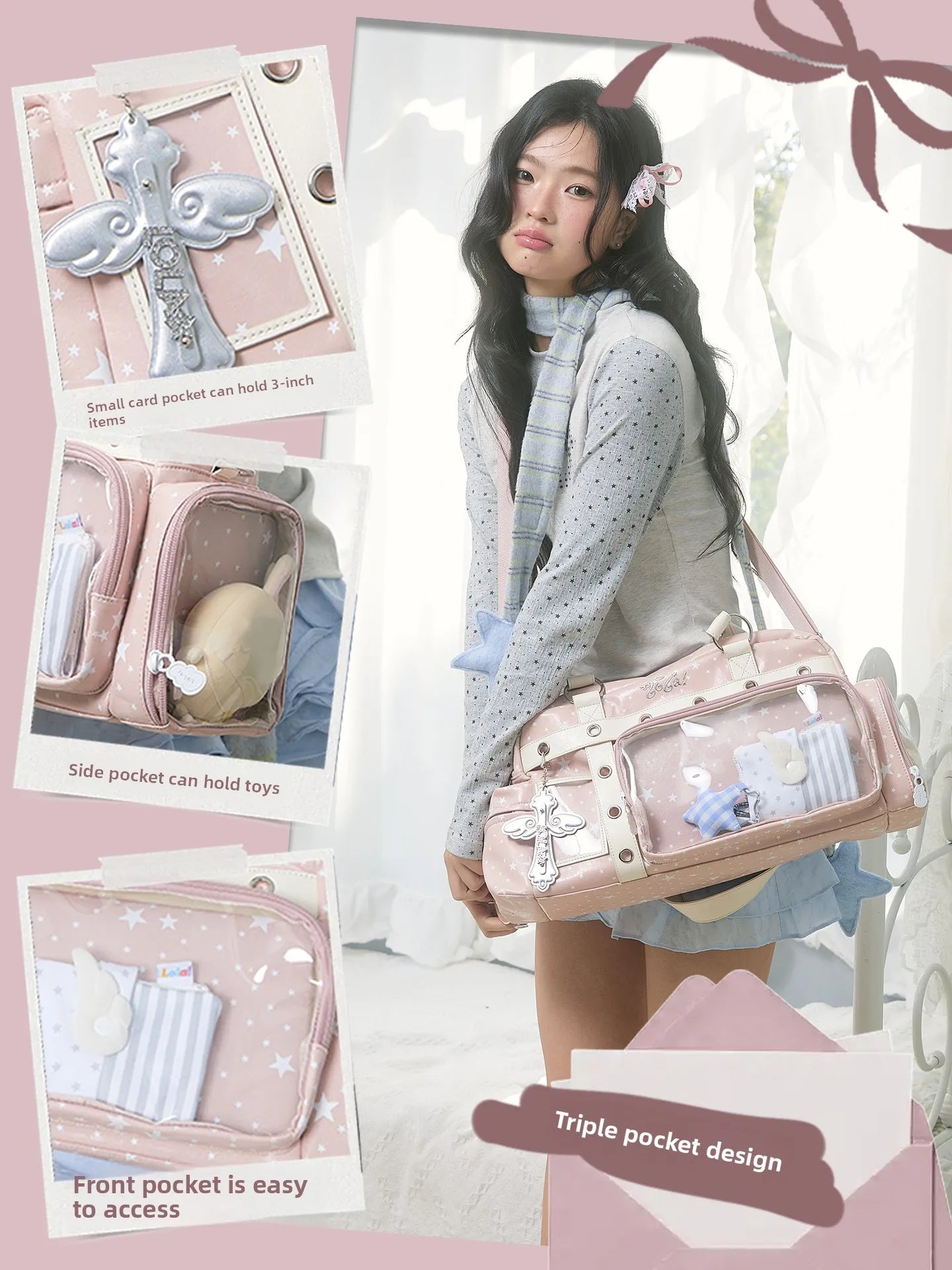 Design Boston Bag Women's Crossbody Shoulder Bag Healing Style Sweet Cool Hard Square Polyester  for Daily Use