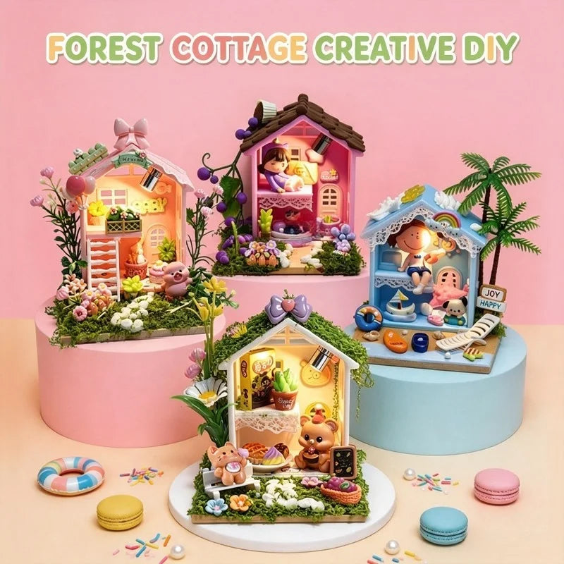 Kawaii Fairy House Craft Kit with LED Lights DIY Miniature Scene 3D Assembly Craft Model for Shelf Decor Christmas Birthday Gift