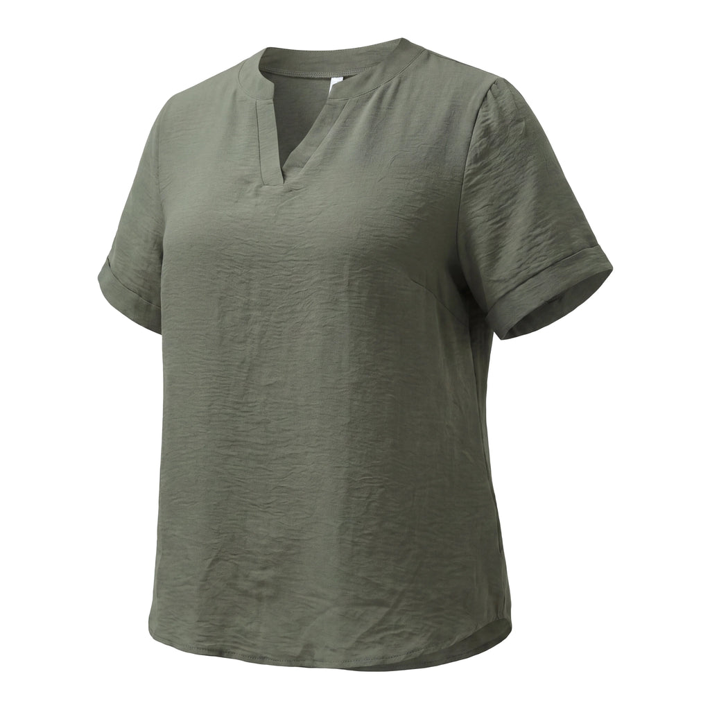 Rosa Fera Plus Size Women V Neck Short Sleeve Loose Fit Solid Color Casual Blouse Top