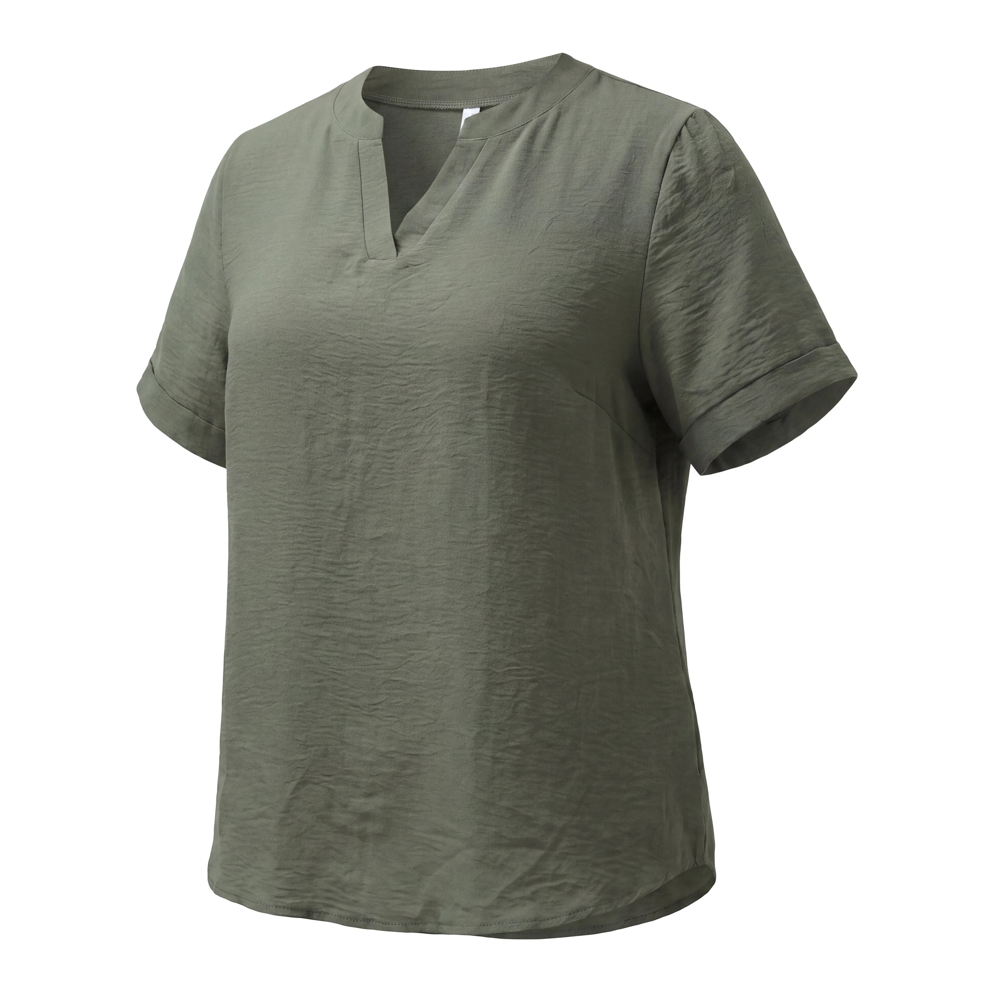 Rosa Fera Plus Size Women V Neck Short Sleeve Loose Fit Solid Color Casual Blouse Top