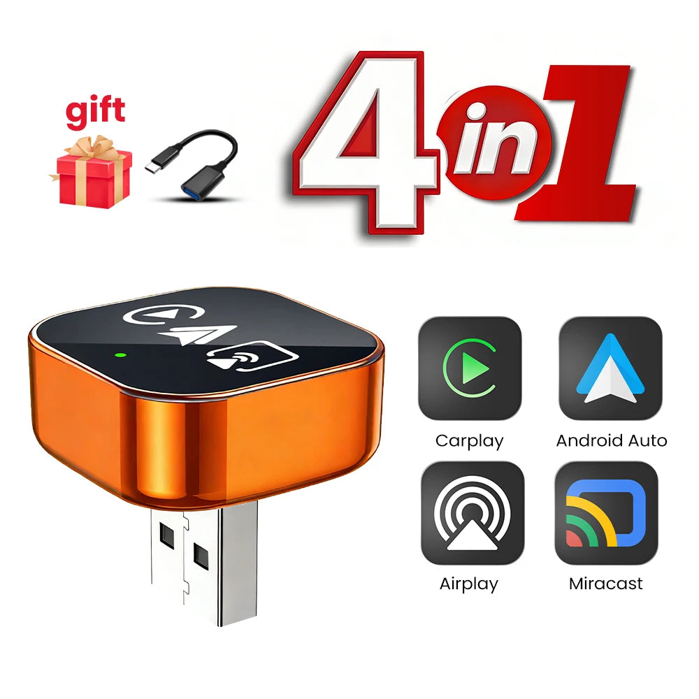 NEW 4-in-1 Wireless Carplay Android Auto Mirror Link Airplay Adapter Plug&Play Low Latency For Audi Benz Volvo VW Ford Citroen