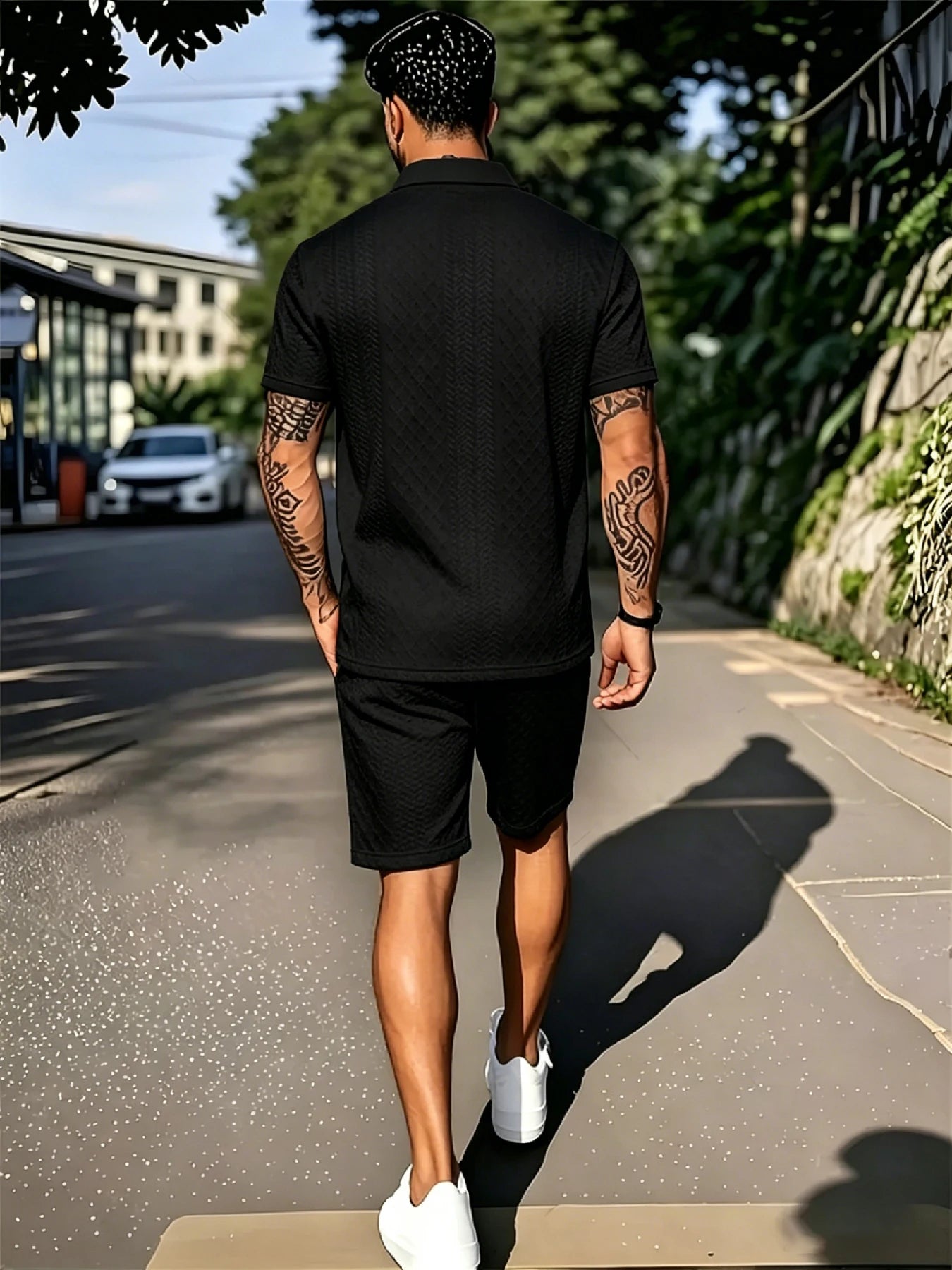 Men's Island Vacation Textured Lapel Polo Shirt & Shorts 2 Piece Set, 3D Jacquard Fabric, 2-Button Placket, Drawstring Waist for
