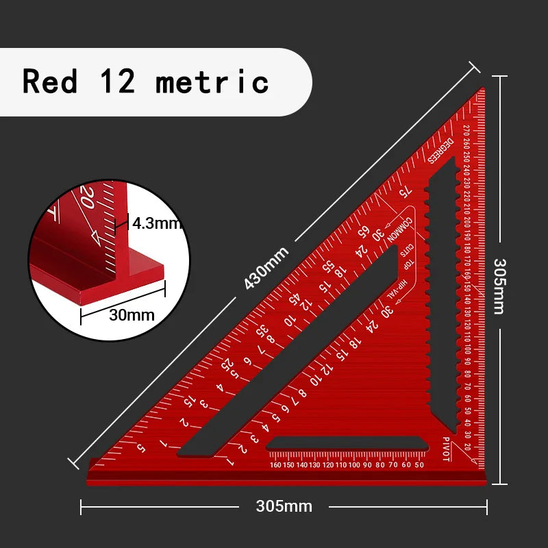 7/12 Inch Aluminum Triangle Ruler, Carpenter Measuring Layout Tool, Square & Metric/Imperial Protractor for Woodworking