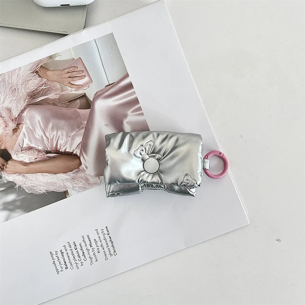 New Cute Heart Earphone Bag for Women Soft PU Leather Bow Headphone Storage Bag Silver Bluetooth Headset Earphone Case Gifts
