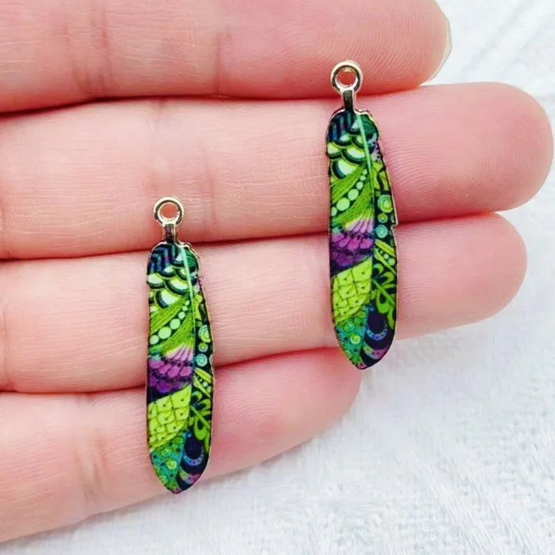 12pcs alloy printed peacock feather pendant, DIY jewelry making earrings, keychain accessories