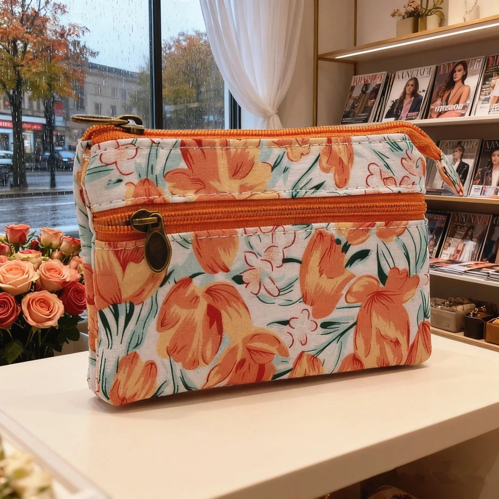 Fresh country-style floral double-printed 4-layer cotton fabric zero wallet for girls - coin bag, keys, ID card bag, card holder