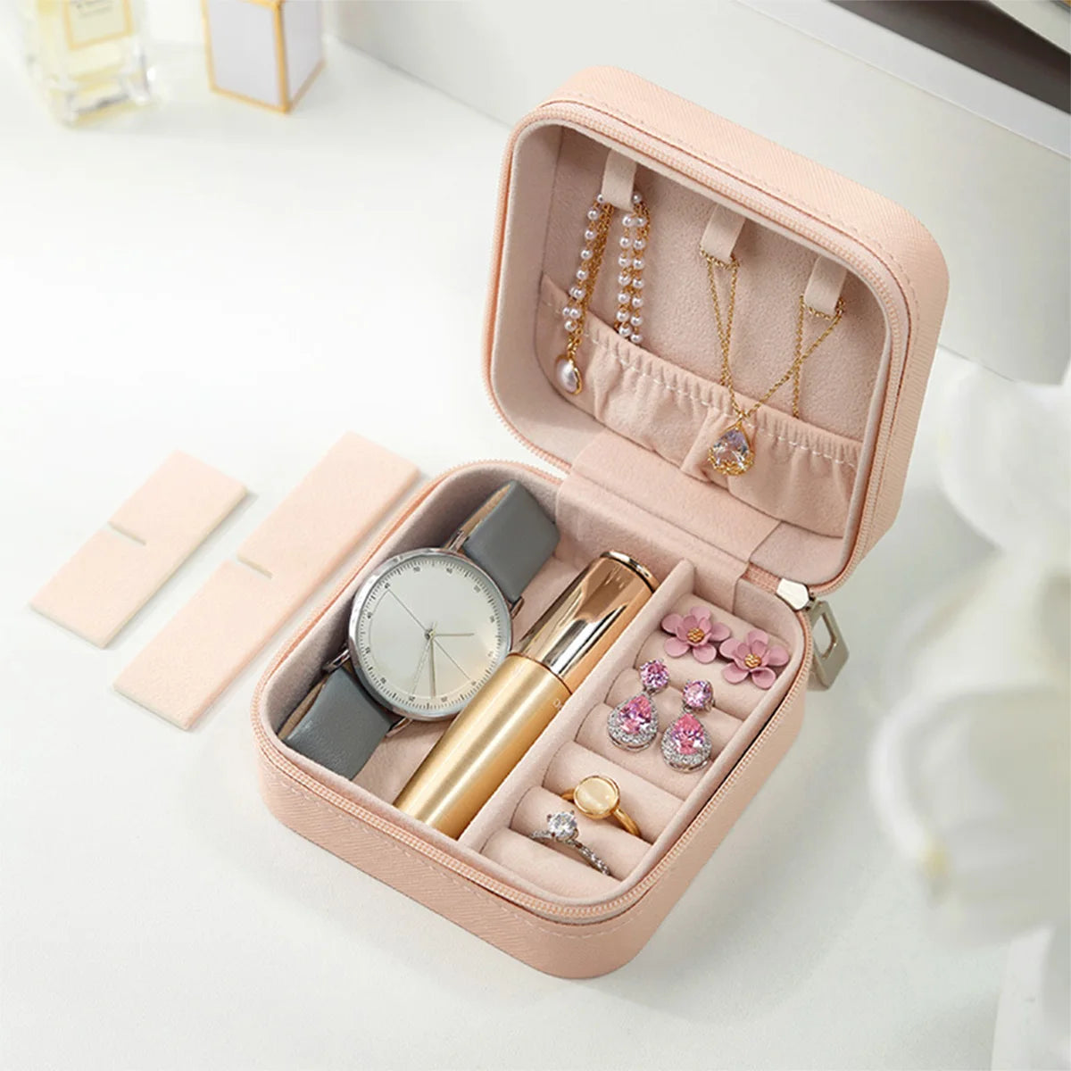 Personalized pink PU leather jewelry box, pearl box, portable women's travel earrings, necklace storage, wedding gift